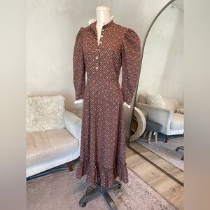 70s VINTAGE BROWN CALICO PRAIRIE DRESS SZ S/M